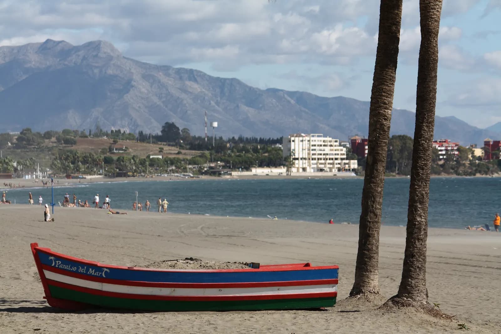 Barca de pesca y palmeras en la playa de Estepona