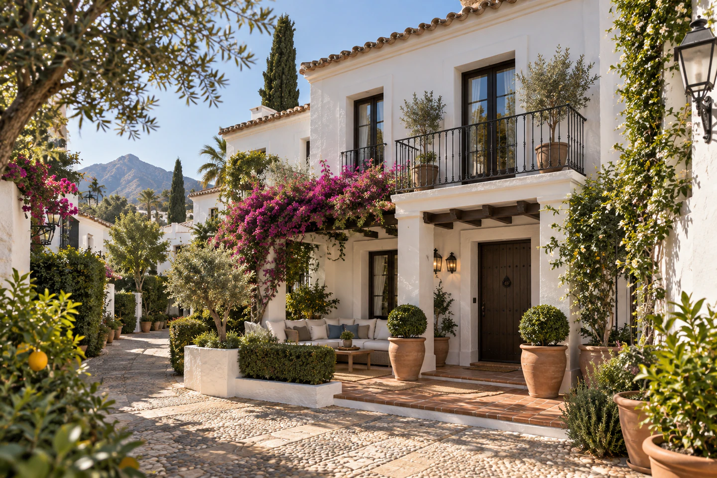 Illustrative white townhouse with balconies and a planted courtyard