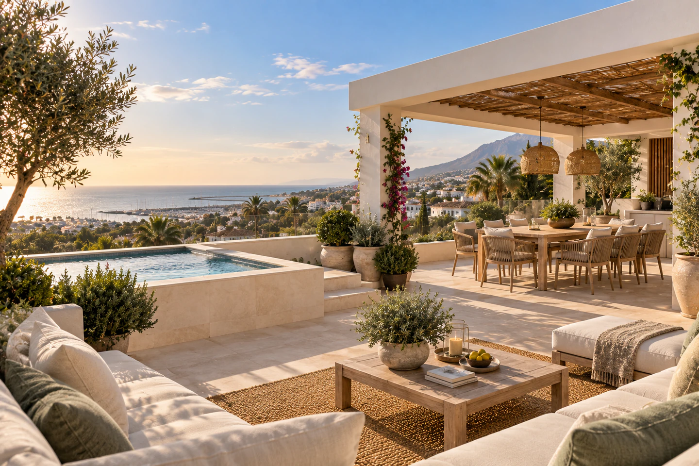 Illustrative penthouse terrace with a dining area and sea views